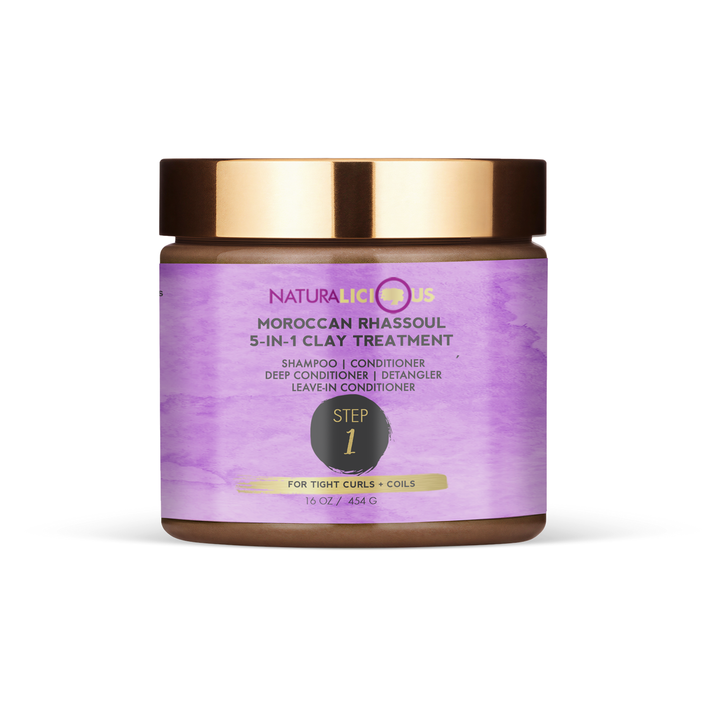 Purple jar of Naturalicious Moroccan Rhassoul 5-in-1 Clay Treatment on a white background