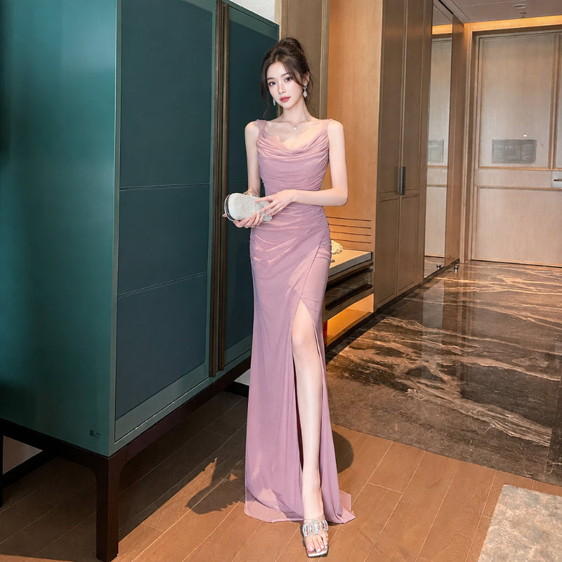 Pink Backless Slit Maxi Dress | Hallebeauty