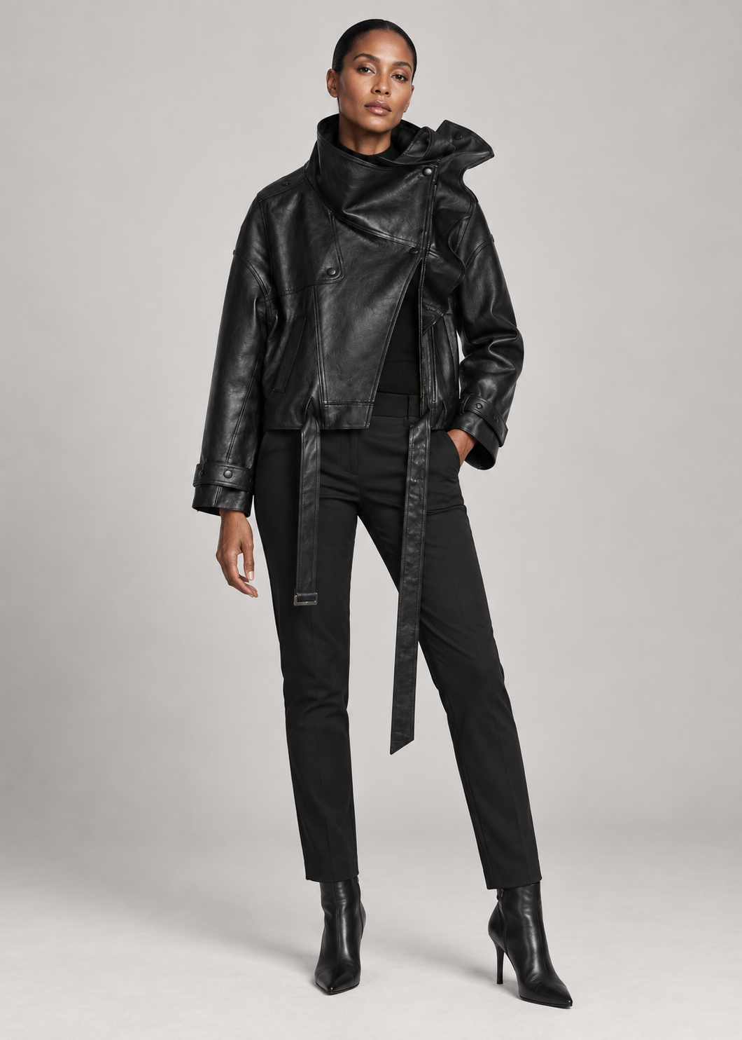 Women's PU Faux Leather Ruffle Collar Jacket | Hallebeauty