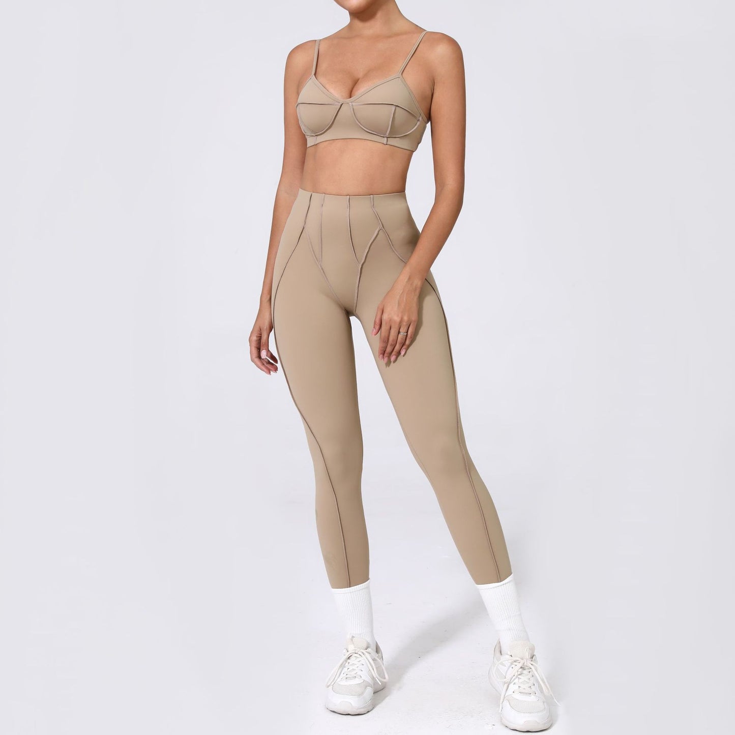 Women's brushed yoga bra in brown – front view
