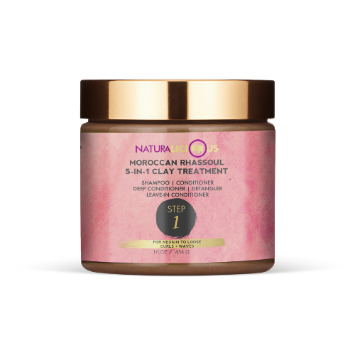 Step 1: Moroccan Rhassoul 5-in-1 Clay Treatment (For Loose Curls)
