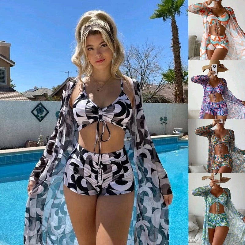 Three-Piece Print Bikini and Cardigan Set-Hallebeauty