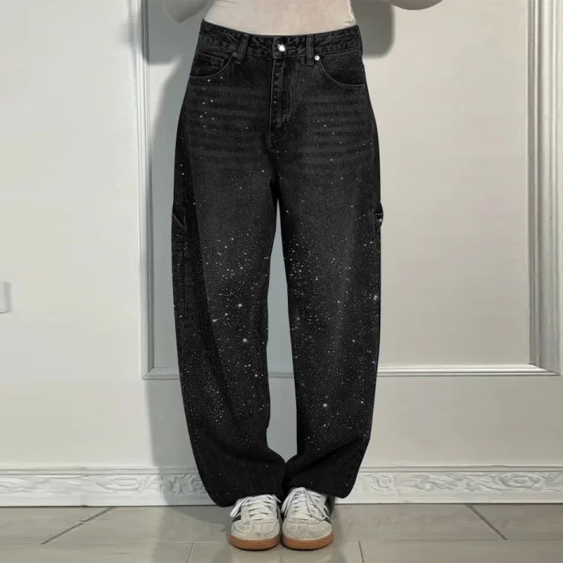 Rhinestone Baggy Jeans Women – Wide Leg Dragging Denim