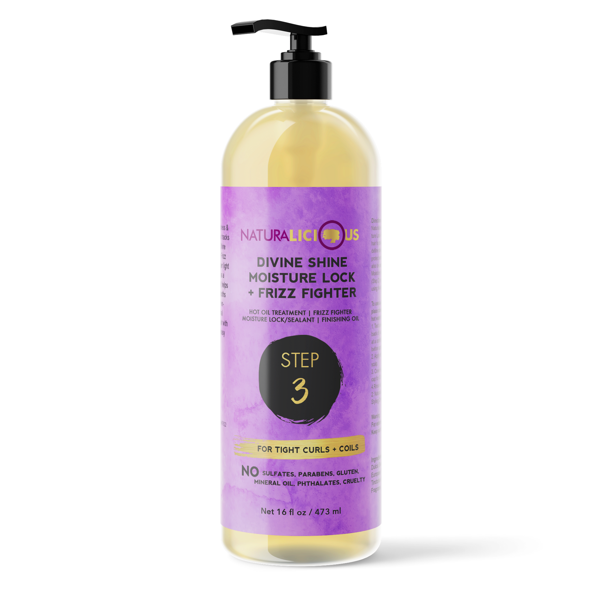 Bottle of NaturaLicious Divine Shine Moisture Lock + Frizz Fighter on a white background