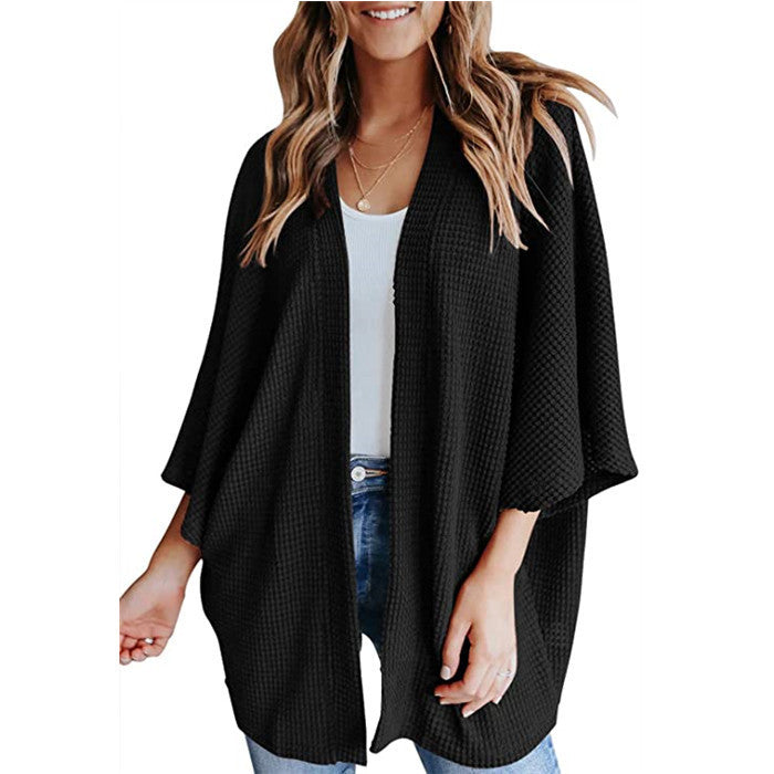 Bat Sleeve Waffle Cardigan - Cozy & Stylish Women's Knitwear