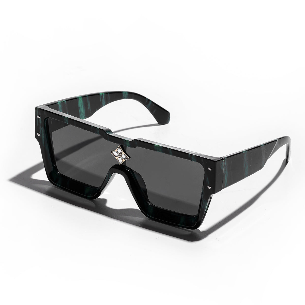 lack luxury sunglasses with gold accents on model