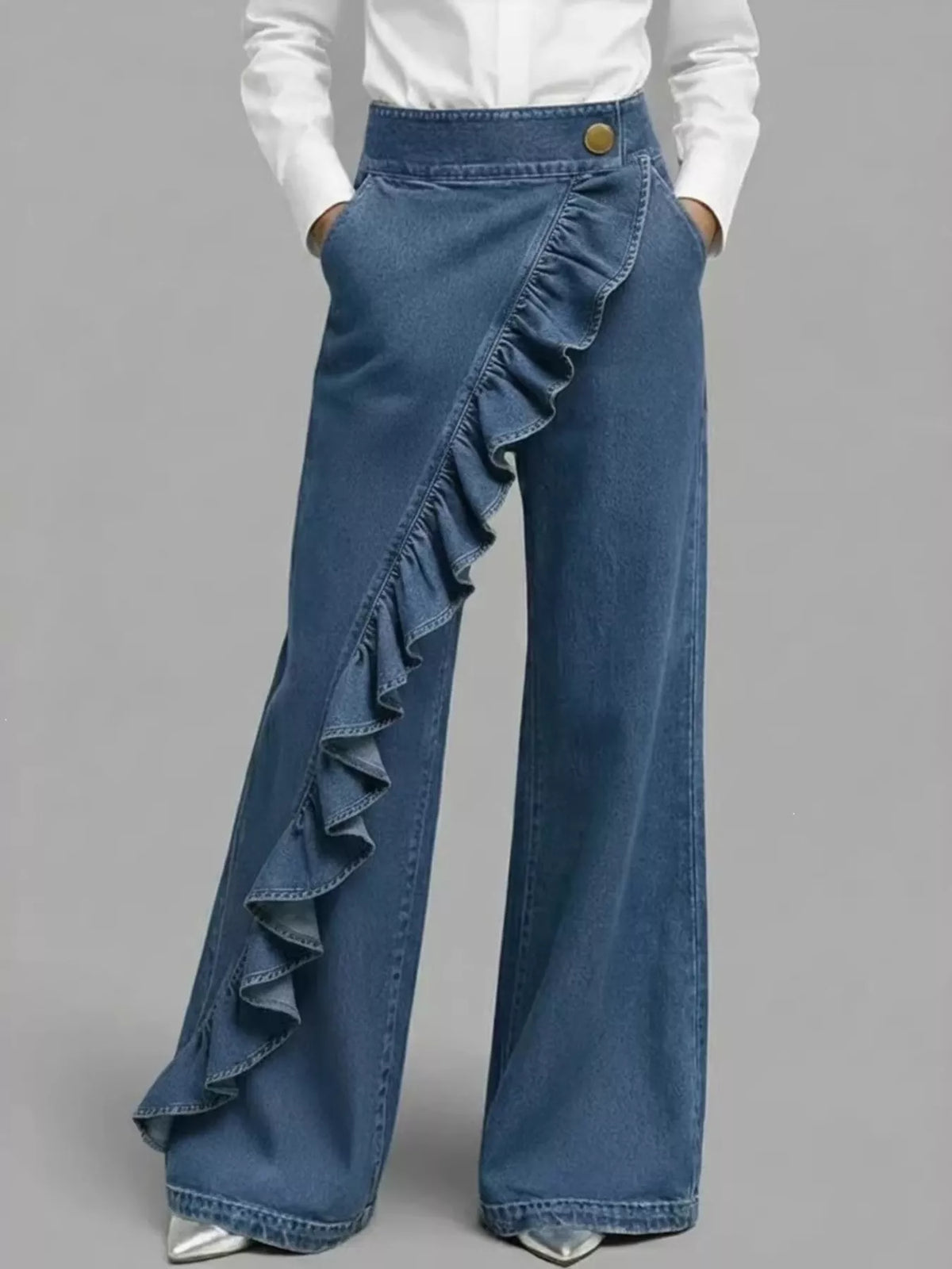 Plus Size Ruffled Wide-Leg Jeans | Hallebeauty