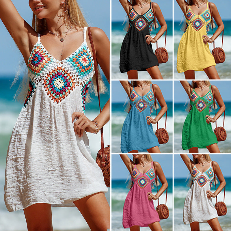 Trendy V-Neck Bohemian Stitch Beach Dress