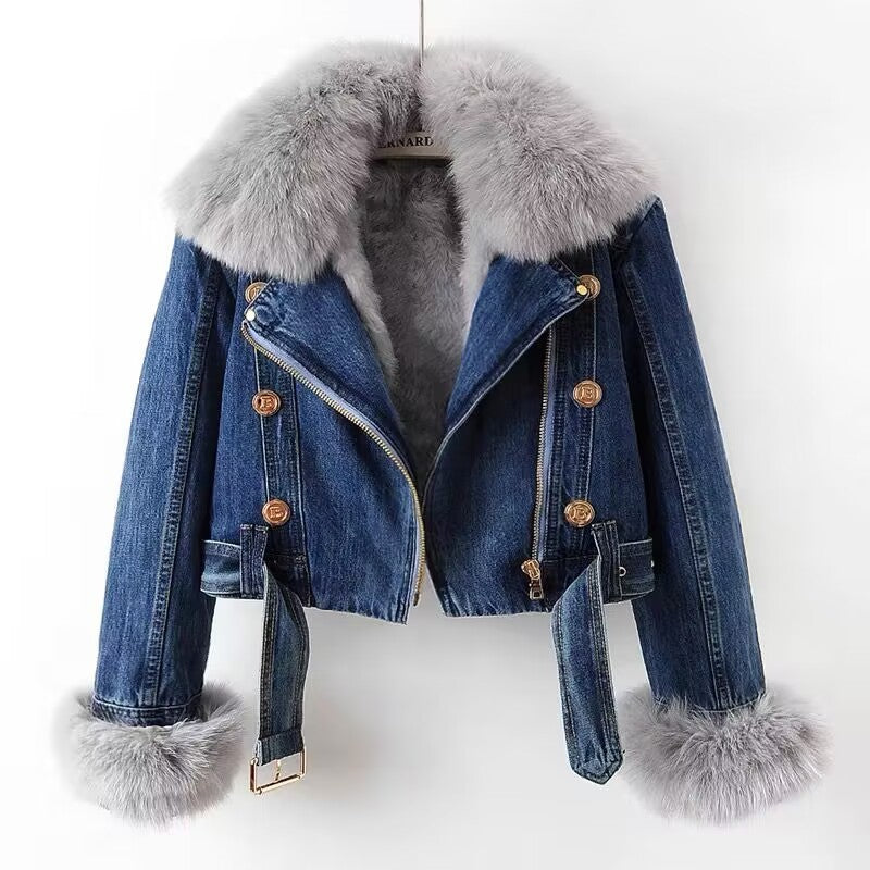 Denim Coat with Detachable Fur Liner | Fox & Rabbit Fur