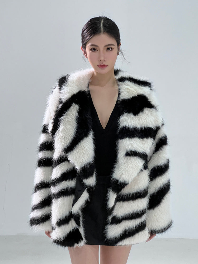 Women’s Zebra Print Green Fur Jacket - Short & Stylish