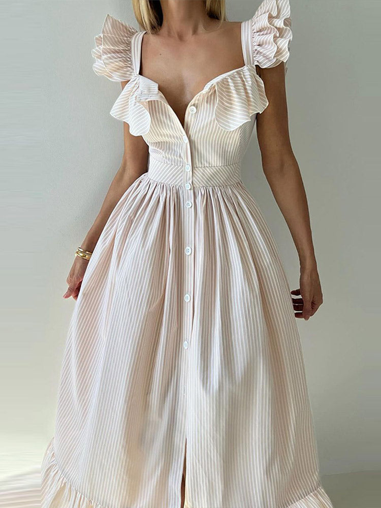 Flounce Sleeve Striped Maxi Dress