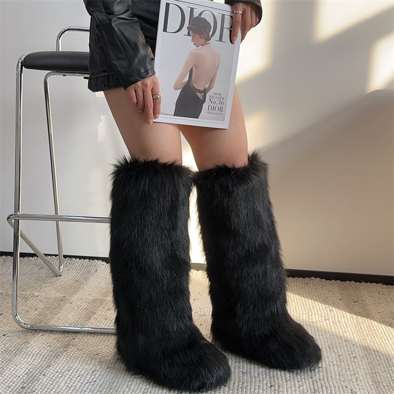 High-Leg Knee-Length Fox Hair Boots – Winter Elegance Redefined