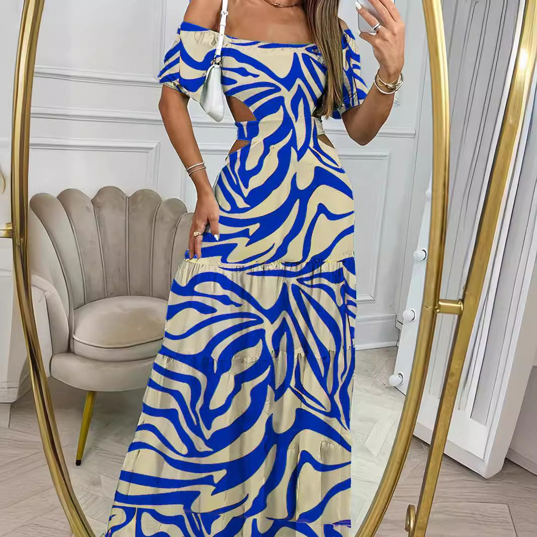 Women's Printed One-Shoulder Long Dress with Hollow Waist
