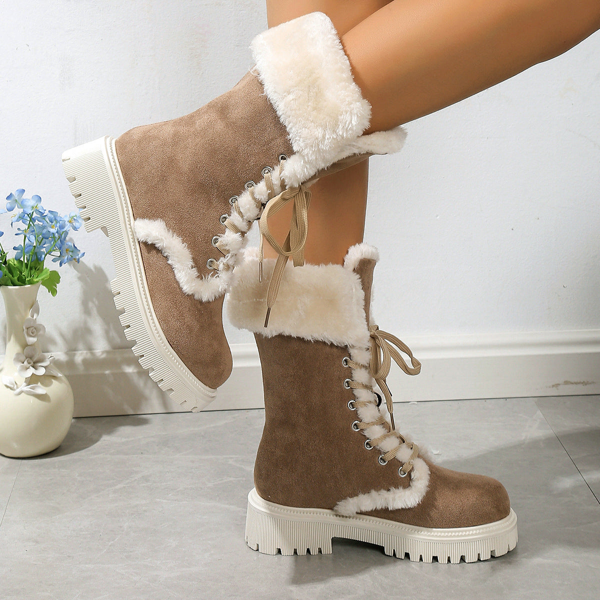 Women’s Lace-Up Mid-Tube Snow Boots - Warm Fleece Chunky Heel Shoes