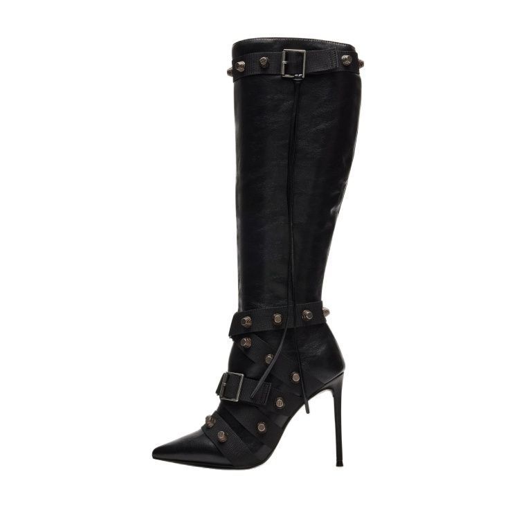 RivetRunway - Metallic Leather High-Leg Stiletto Boots