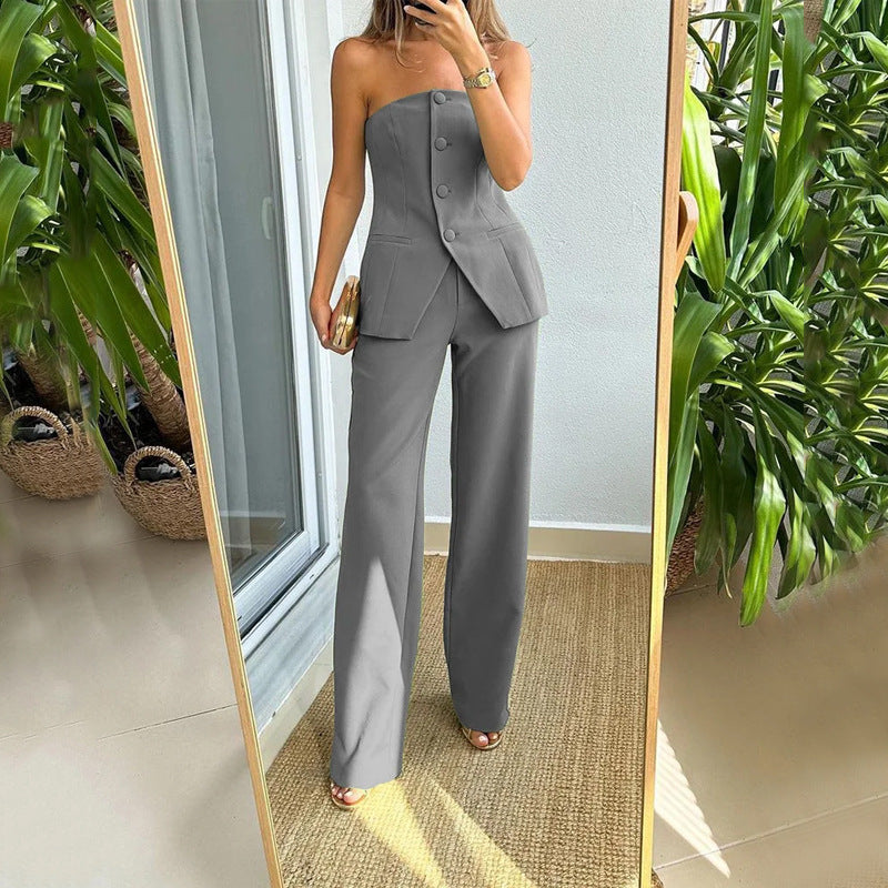 Elegant Tailored Suit - Tube Top & Suit Pants with Button Detail