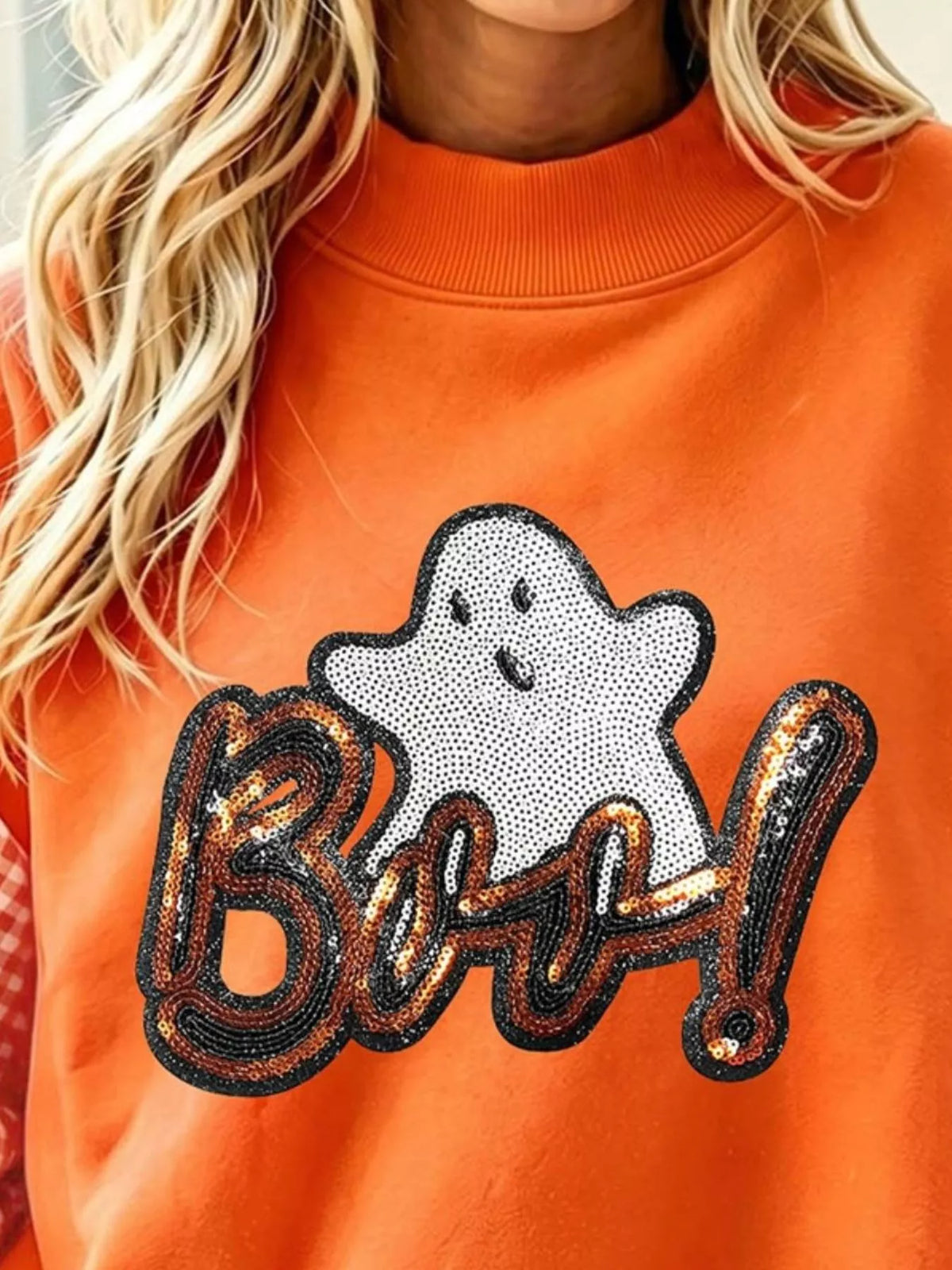 BOO Sequin Ghost Plaid Sleeve Sweatshirt | Hallebeauty