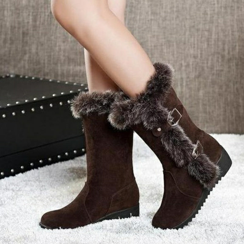 Women’s Brown Fur Mid-Calf Snow Boots | Casual Winter Flats