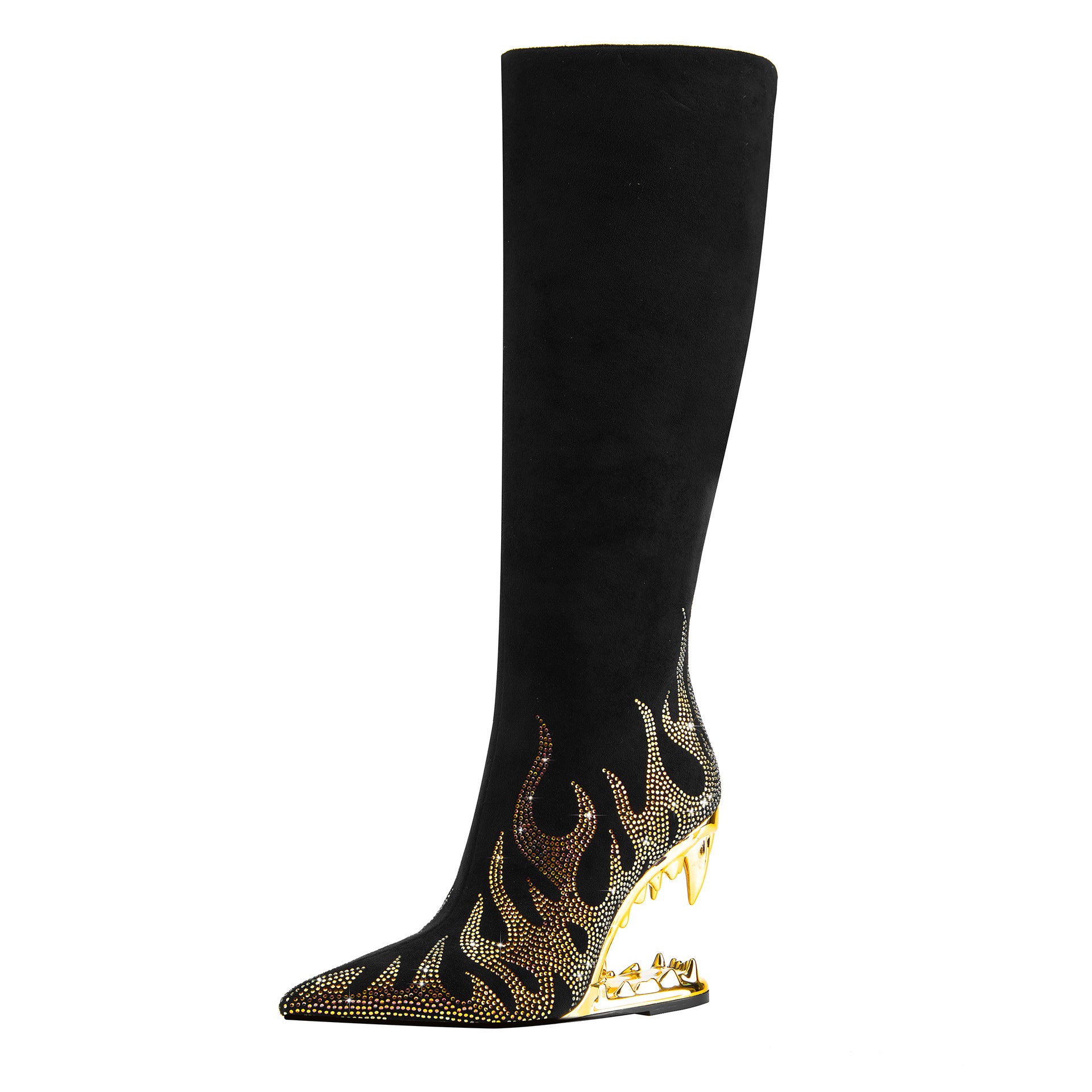 FireStride - Rhinestone Flame Tiger Tooth Heel Boots