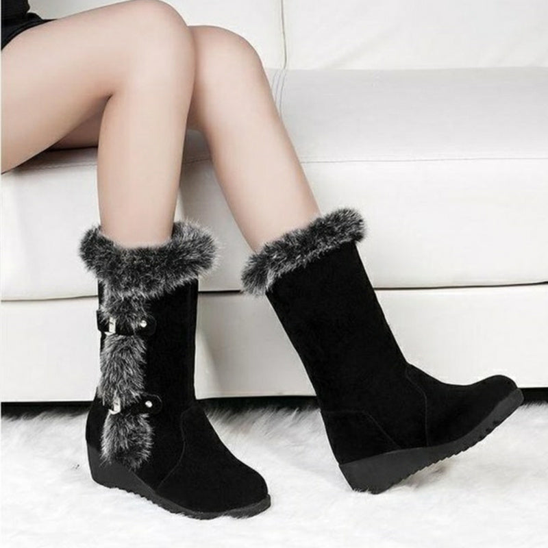 Women’s Brown Fur Mid-Calf Snow Boots | Casual Winter Flats