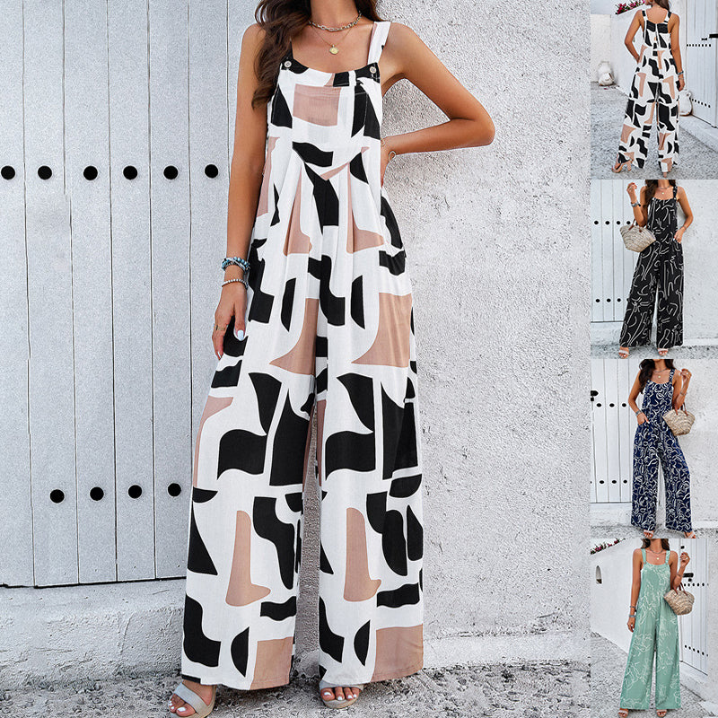 Fashion Print Square Neck Jumpsuit With Pockets Spring Summer Casual Loose Overalls Womens Clothing - HalleBeauty