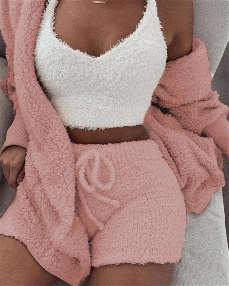 3-Piece Women's Pajama Set | Long Sleeve Crop Top & Drawstring Shorts