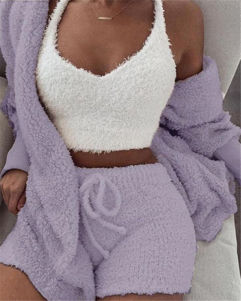 3-Piece Women's Pajama Set | Long Sleeve Crop Top & Drawstring Shorts