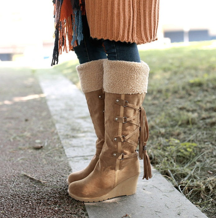 Women’s Knee-High Wedge Heel Knight Boots - Warm Winter Snow Boots