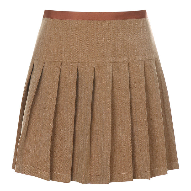 Tight-Fitting Solid Color Pleated Skirt khaki