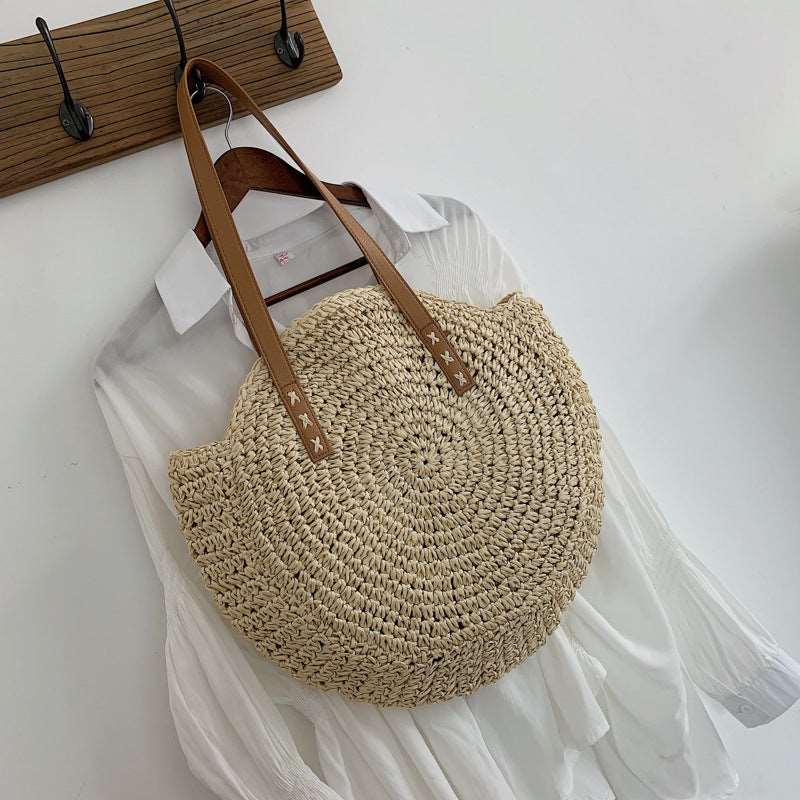 Colorful Large Disc Straw Woven Bag: Casual One-Shoulder Fashion for Women - HalleBeauty