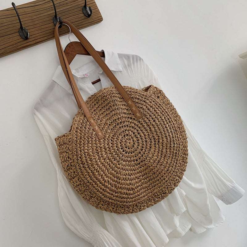 Colorful Large Disc Straw Woven Bag: Casual One-Shoulder Fashion for Women - HalleBeauty