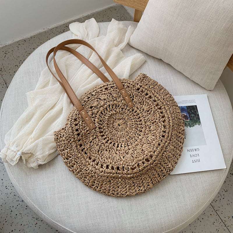 Colorful Large Disc Straw Woven Bag: Casual One-Shoulder Fashion for Women - HalleBeauty