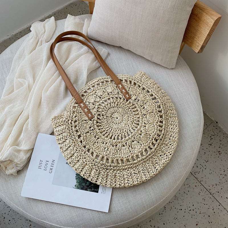 Colorful Large Disc Straw Woven Bag: Casual One-Shoulder Fashion for Women - HalleBeauty