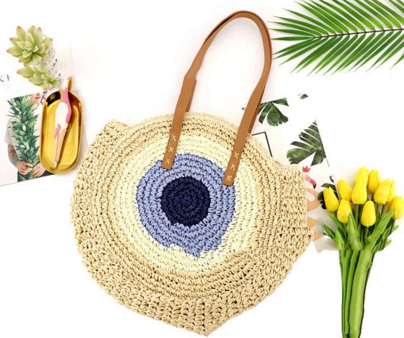 Colorful Large Disc Straw Woven Bag: Casual One-Shoulder Fashion for Women - HalleBeauty