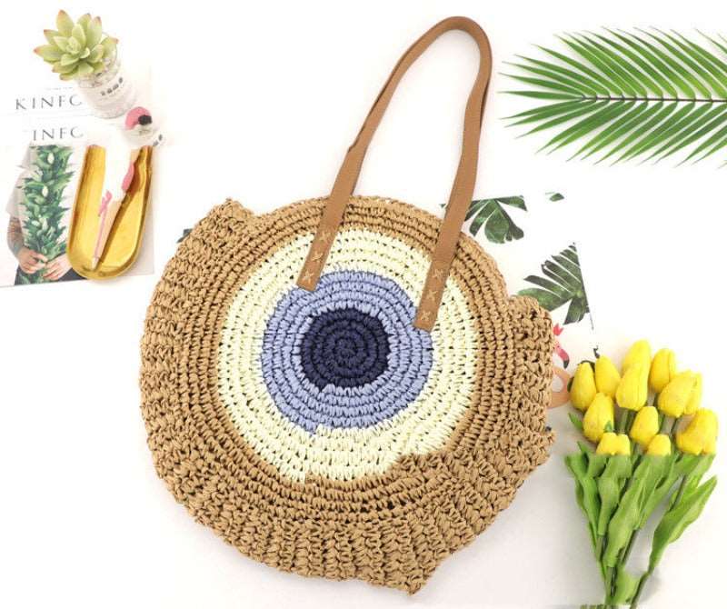 Colorful Large Disc Straw Woven Bag: Casual One-Shoulder Fashion for Women - HalleBeauty