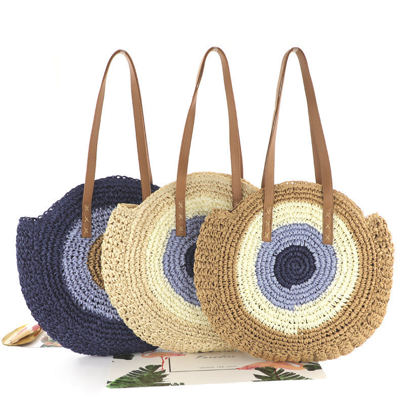 Colorful Large Disc Straw Woven Bag: Casual One-Shoulder Fashion for Women - HalleBeauty