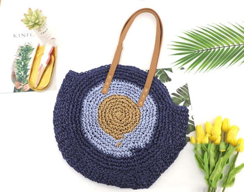 Colorful Large Disc Straw Woven Bag: Casual One-Shoulder Fashion for Women - HalleBeauty