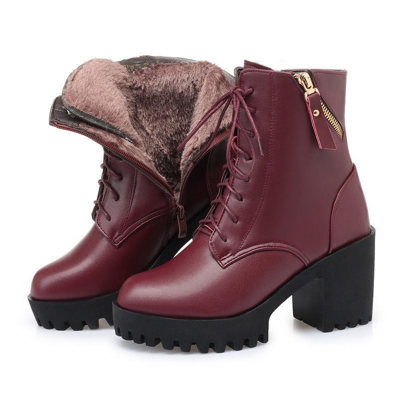 Women’s Genuine Leather High Heel Army Boots - Wool-Lined Ankle Boots