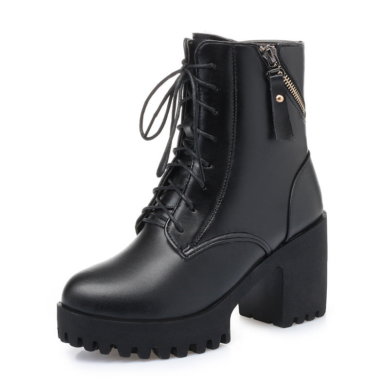 Women’s Genuine Leather High Heel Army Boots - Wool-Lined Ankle Boots