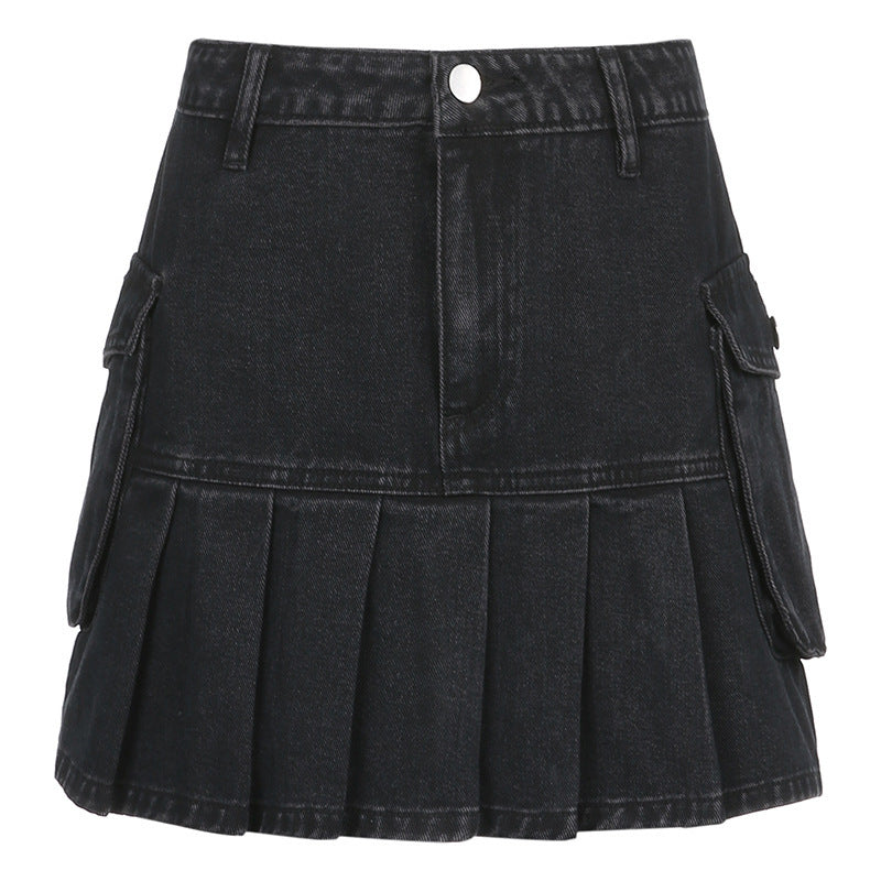 High-Waist Denim Pleated Skirt - Classic & Stylish Front