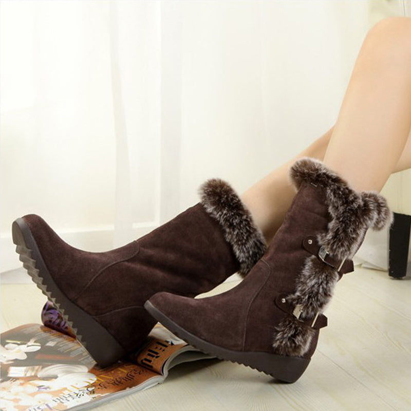 Women’s Brown Fur Mid-Calf Snow Boots | Casual Winter Flats