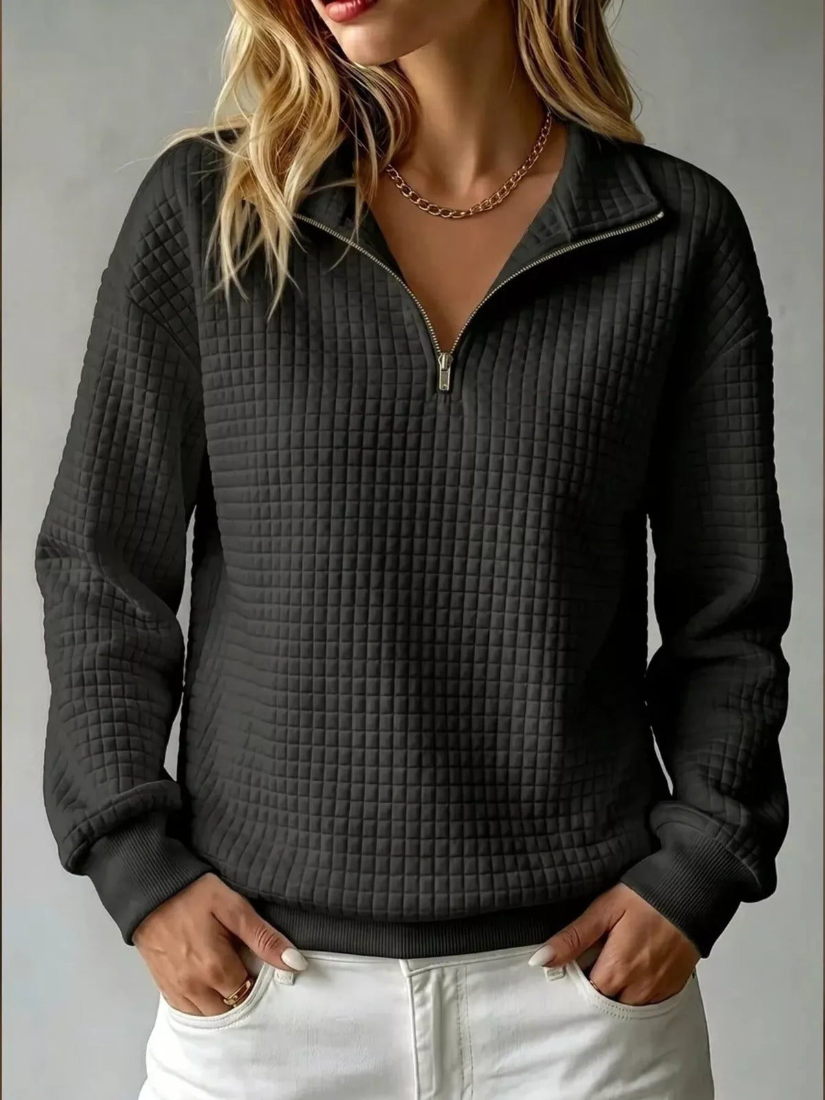 Waffle Knit Quarter-Zip Sweatshirt | Hallebeauty