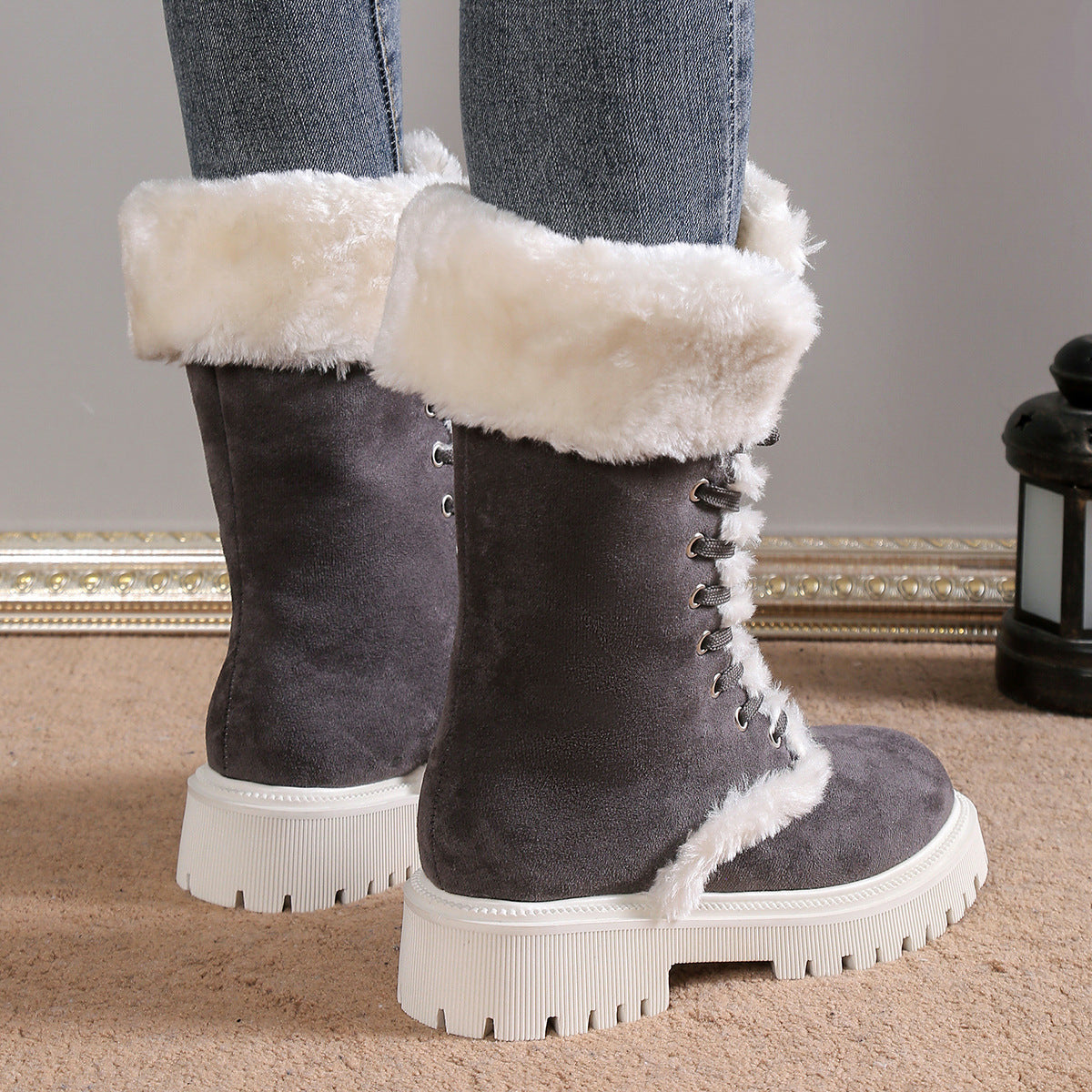 Women’s Lace-Up Mid-Tube Snow Boots - Warm Fleece Chunky Heel Shoes