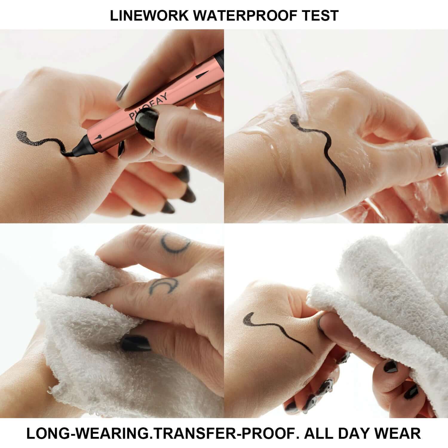 PHOFAY Double Head Seal Liquid Eyeliner waterproof test demonstrating long-wearing, transfer-proof formula on skin.