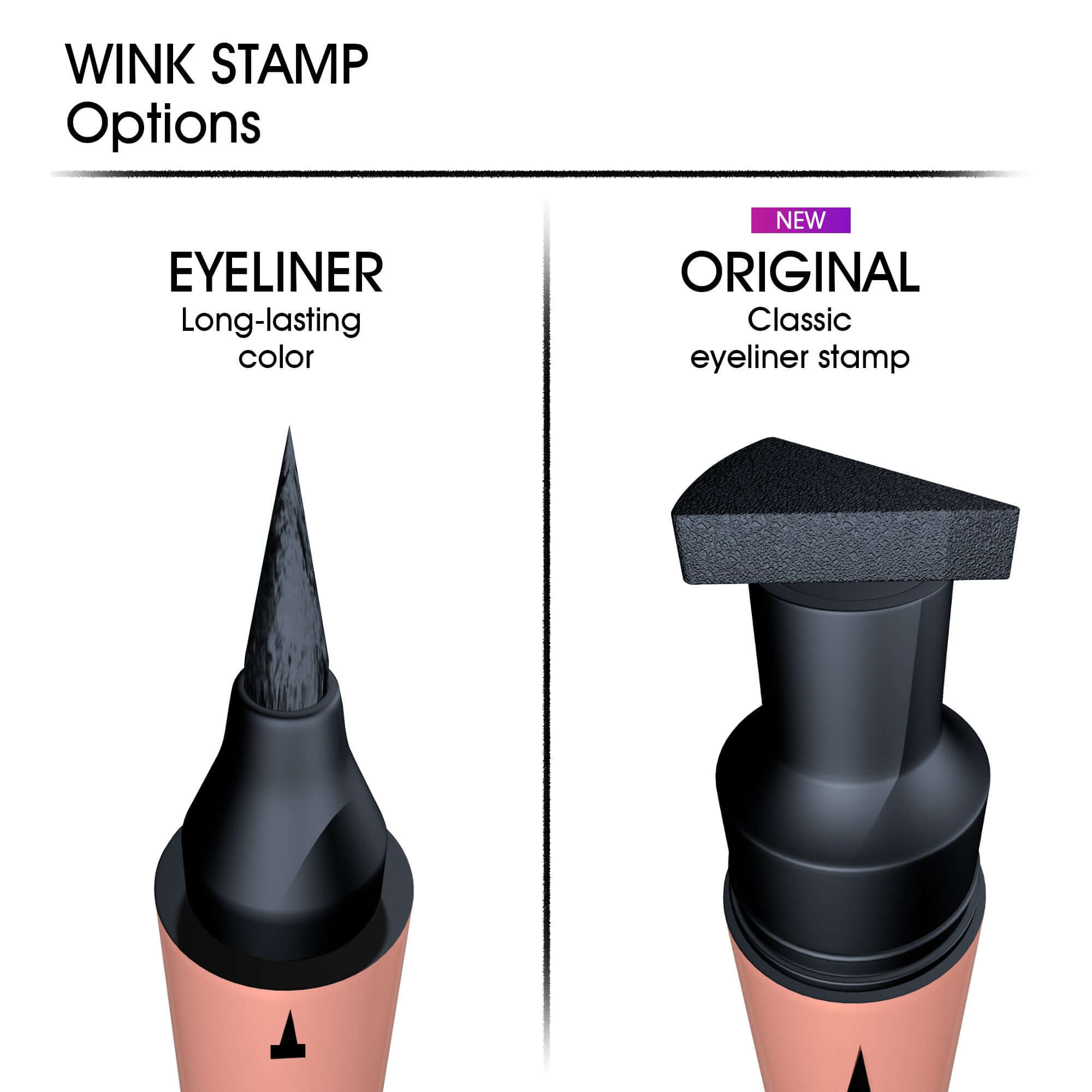 Image comparing two eyeliner options: long-lasting liquid eyeliner and a classic eyeliner stamp.