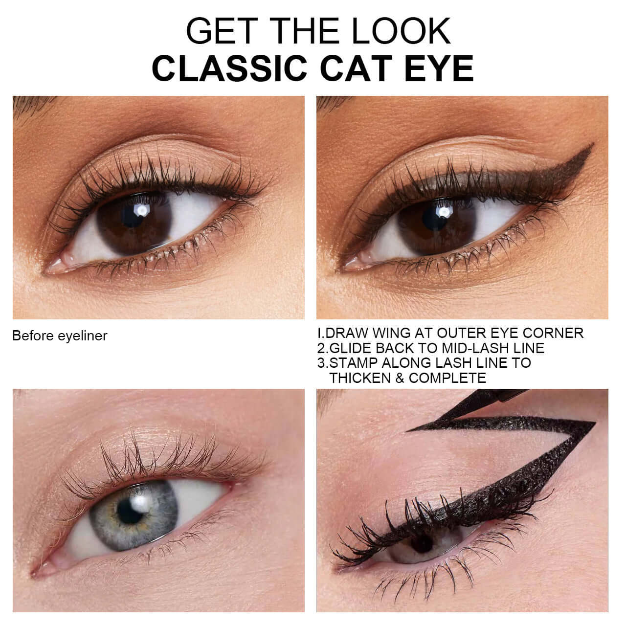 Before and after steps for a classic cat eye using PHOFAY Double Head Seal Liquid Eyeliner.