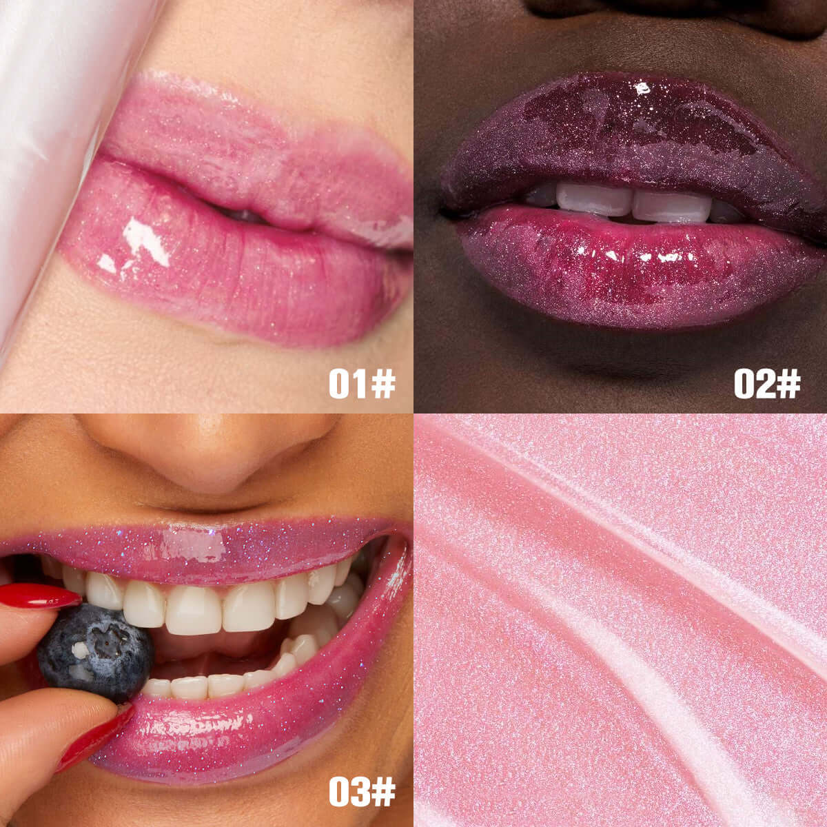 Collage showcasing PHOFAY Moisturizing Warm Lip Oil in shades 01, 02, and 03, highlighting color and shine on lips.