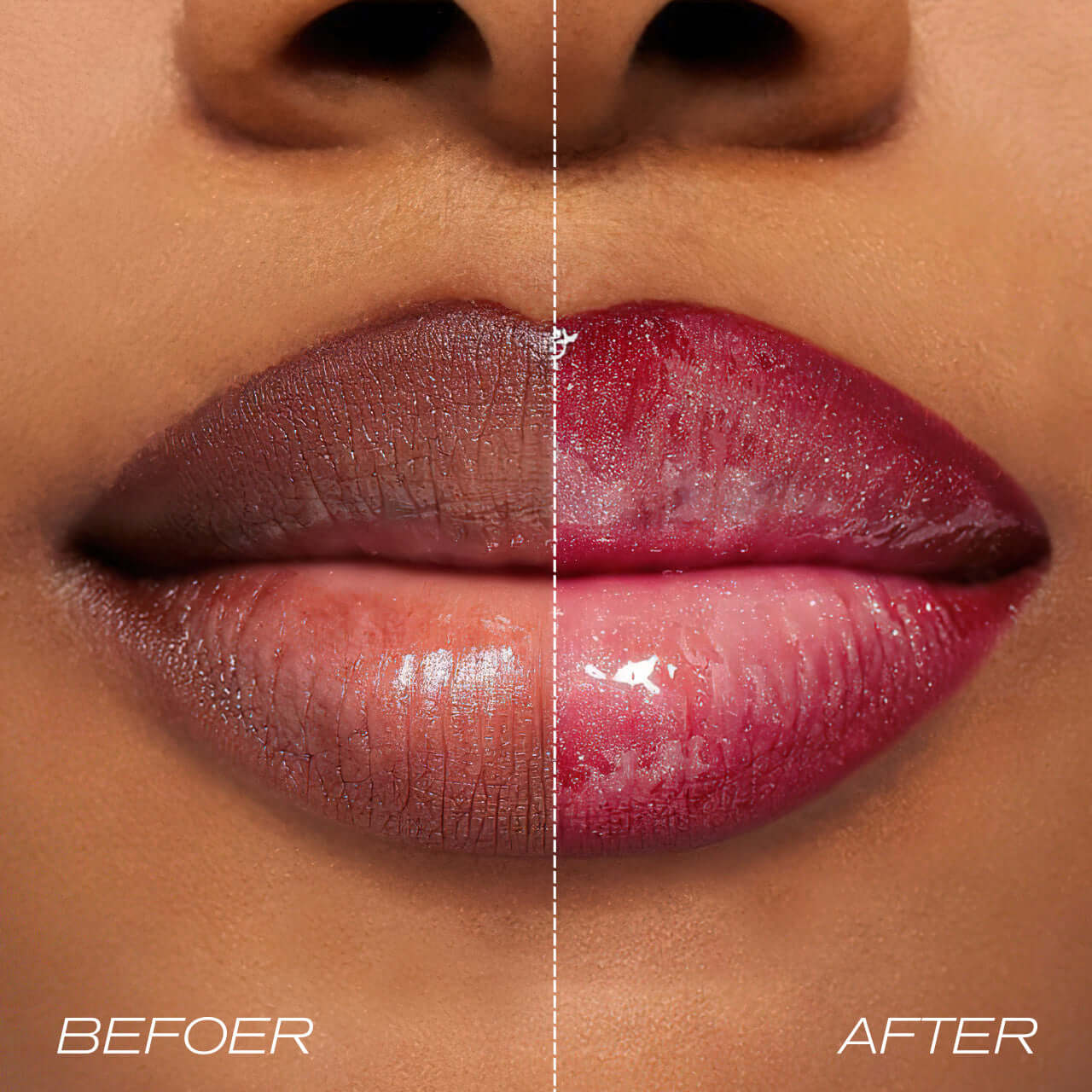 Before and after comparison of lips using PHOFAY Moisturizing Warm Lip Oil showing hydration and color enhancement.