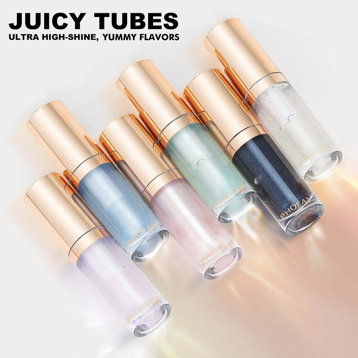 PHOFAY Juicy Tubes collection showcasing six ultra high-shine lip glosses in various colors and flavors.