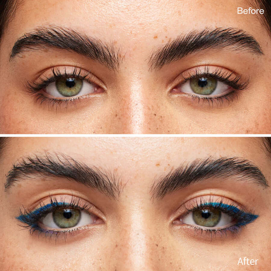 Before and after comparison of colorful eyeliner application on model's eyes.